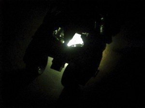 Night Shot of the Lego Tumbler lit from underneath.